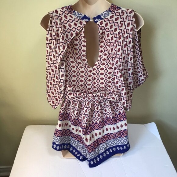 AVA New Shorts Romper Boho Print Jumpsuit V-Neck Festival Belt Neutral Summer S - Picture 3 of 11